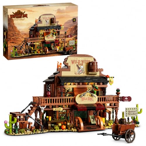 Western Bar Building Blocks with LED Lights, Wild West Saloon Architecture Model, Modular Old West Building Set for Adults, Detailed Desert Themed Collectible Display (1902 pcs)