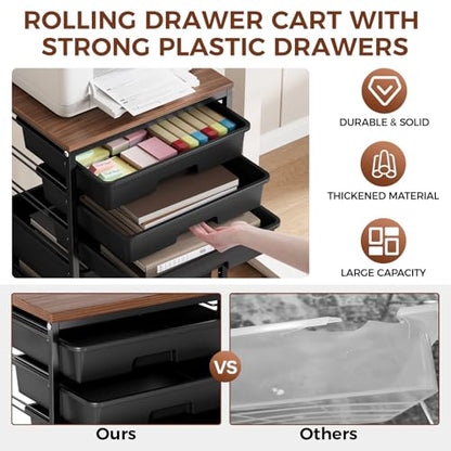 SYKIARIOL 5-Tier Rolling Cart with Drawers with Wooden Top, Black - color: Black