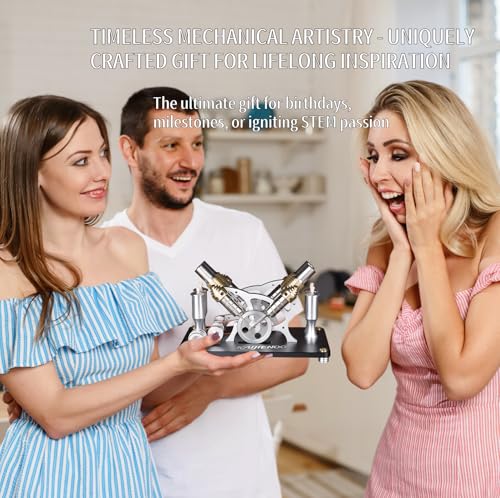 4-Cylinder Hot Air Stirling Engine Model Kit with Generator,Ready-to-Start Full Metal Kit,Stainless Steel Heating Tube & Copper Head,Precision CNC Parts,for Physics Demo & Engineering Collection