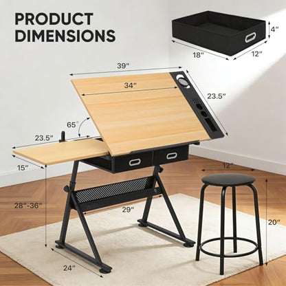 Magshion Drafting Table for Adults w/Stool, Natural - color: Natural & Black