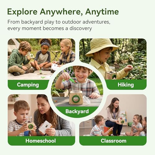 Wooden Bug Catcher for Kids, Tri-View Bug Viewer Kit, Top & Bottom Magnifiers, Insect Observation Container with Tweezers, Ruler & 10 Insect Cards, STEM Outdoor Explorer Toy