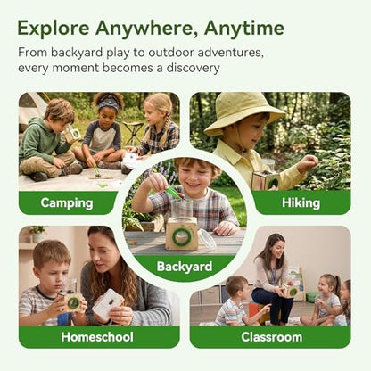 Wooden Bug Catcher for Kids, Tri-View Bug Viewer Kit, Top & Bottom Magnifiers, Insect Observation Container with Tweezers, Ruler & 10 Insect Cards, STEM Outdoor Explorer Toy