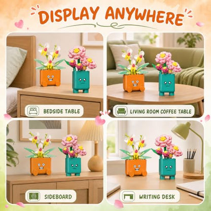 Botanicals Happy Plants Building Sets | 2 Cute Happy Plants Flowers Set, Succulents Botanical Collection for Home Office Décor, Gift for Women Wife Mom(222Pcs) - style: Orange and Green