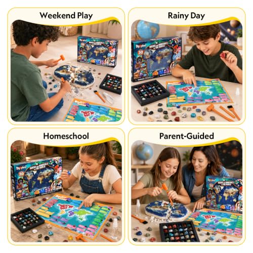 CubicFun World Map Gemstone Dig Kit for Kids 8-12, 30 Rocks & Minerals