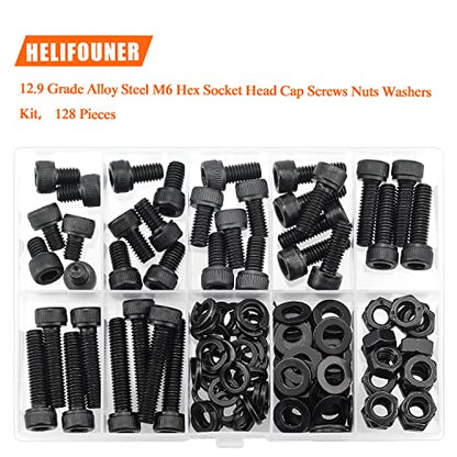 HELIFOUNER 128 Pieces M6 x 8mm /10mm /12mm /16mm /20mm /25mm /30mm, Hex Socket Head Cap Screws Bolts Washers Nuts Kit, 12.9 Grade Alloy Steel, Full Threaded, Black - size: M6, style: Socket Head