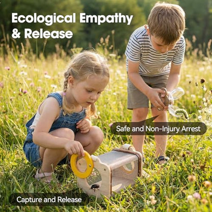 Wooden Bug Catcher Kit for Kids 3-8, 10PCS Durable Outdoor Explorer Kit with Magnifying Glass, Butterfly Net & STEM Guide, Catch & Release Adventure Set for Backyard & Camping