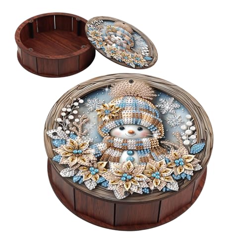antor Diamond Painting Storage Box, Snowman DIY 5D Special Shape Diamond Art Wooden Organizer, Winter Christmas Round Diamond Tabletop Ornament for Adults Beginners, Home Office Decor Crafts Gift - color: Snowman