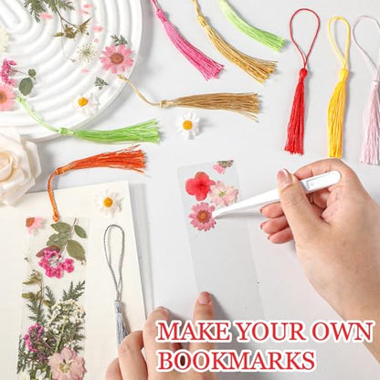 20 Sets Dried Flower Bookmark Making Kit Transparent Bookmark DIY Projects Craft Gift Bulk PET Sticker with Color Tassels and tweezer for Classroom Activities Reading Award and Book Lovers（Summer） - style: Summer