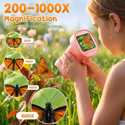 4K 1000X Handheld Digital Microscope for Kids with 2.4" IPS Screen - color: Pink