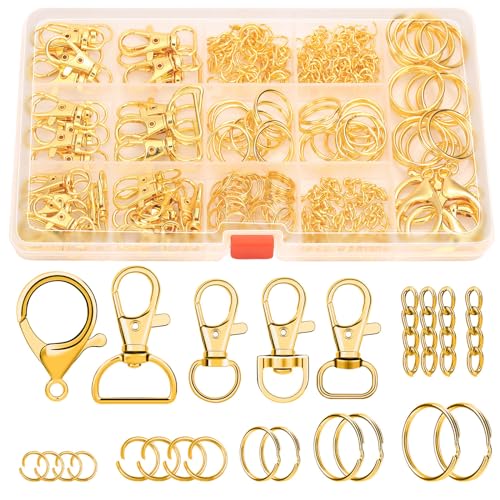 PAXCOO 300PCS Keychain Making Kit, Keychain Craft Supplies Including Key Chain Clips, Lanyard Snap Hooks, Key Rings and Jump Rings for Key Chain Making, Purse Making, Lanyard Making - color: Gold