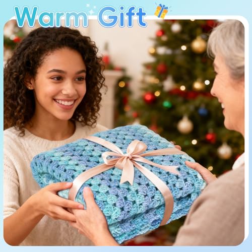 Aeelike Crochet Blanket Kit for Beginners, Easy Crochet Kits, Blue Gradient - color: Aurora Blue Gradient