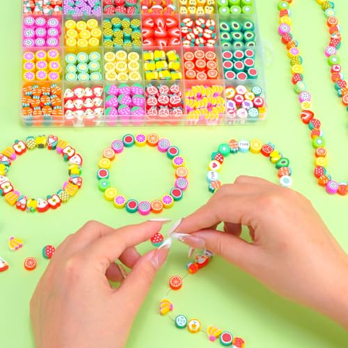 Gionlion Fruit Polymer Clay Beads Bracelet Making Kit, Colorful Clay Beads with Lemon, Strawberry, Avocado, and Watermelon Designs for DIY Jewelry, Bracelet & Necklace Making Crafts - color: Fruit