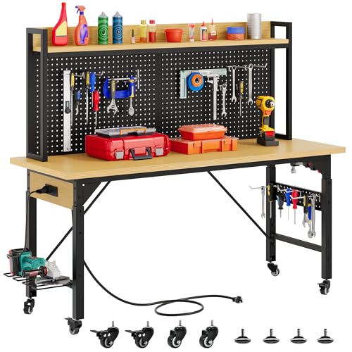 DWVO 60in Heavy Duty Workbench with Pegboard & Wheels Adjustable Work Table - size: 60" Workbench w/Pegboard