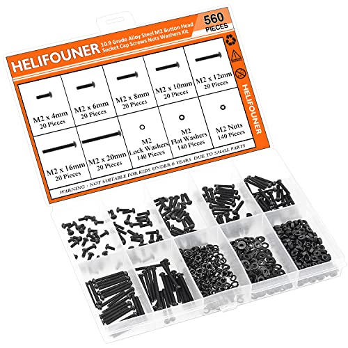 HELIFOUNER 560 Pieces M2 x 4mm /6mm /8mm /10mm /12mm /16mm /20mm, Button Head Socket Cap Screws Bolts Washers Nuts Kit, 10.9 Grade Alloy Steel, Full Threaded, Black - size: M2, style: Button Head