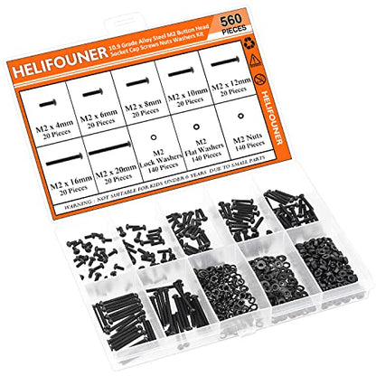 HELIFOUNER 560 Pieces M2 x 4mm /6mm /8mm /10mm /12mm /16mm /20mm, Button Head Socket Cap Screws Bolts Washers Nuts Kit, 10.9 Grade Alloy Steel, Full Threaded, Black - size: M2, style: Button Head