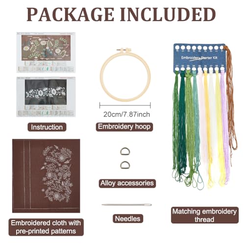 FREEBLOSS 10.6x5.5'' Embroidery Bucket Bag Flower Style Embroidery Kit with Instruction Cotton Embroidery Starter Kit for Beginners Adults