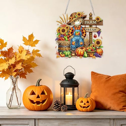 NAIMOER Halloween Diamond Art Hanging Kits for Adults, Scarecrow 5D Special Shaped Rhinestone, DIY Acrylic Diamond Art Painting Window Pendants Home Garden Wall Hanging Ornament Kits, Double Sided - color: Fall Scarecrow