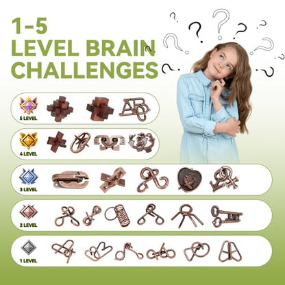 24 Pcs Brain Teaser Puzzles for Adults Teens - Metal Puzzles 3D Puzzle Game Toys for Adults Teens - Wooden Unlock Interlocking Puzzle Adult IQ Education Smart Toys - style: 24 PC