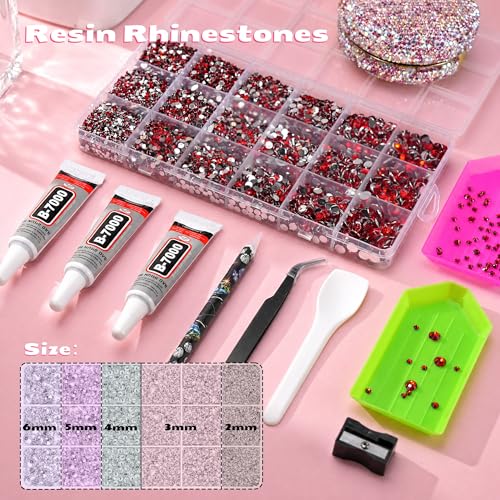 32000 Pcs Resin Jelly Rhinestones Kit, Red 2/3/4/5/6mm Flatback Rhinestones with 3 Pcs B7000 Jewelry Glue & Tools, All-in-One Bedazzling Kit for DIY Arts & Crafts Gifts - color: Red