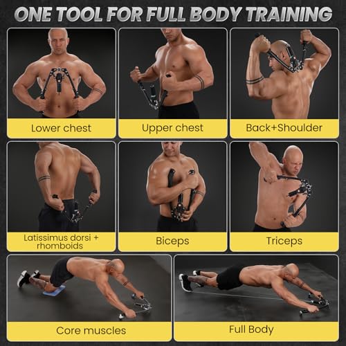 Twister Arm Trainer, 3 in 1 Hydraulic Power Chest Workout Equipment with Ab Roller Wheels and Hooks, Adjustable 22-440lbs Arm Trainer for Men Women, Home Gym Equipment for Full Body Strength Training - color: yellow