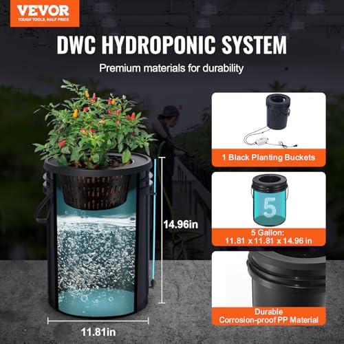 VEVOR DWC Hydroponics Grow System, Hydroponic Growing System with Top Drip Kit, 5-Gallon Deep Water Culture with Air Pump, Air Stone and Water Level Device for Leafy Vegetables(1 Bucket+Top Drip Kit) - style: 1 Bucket+Top Drip Kit