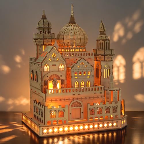 3D Wooden Puzzles for Adults, DIY Dreamy Castle Model Kit with Spark Light