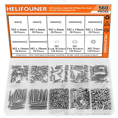 HELIFOUNER 560 Pieces M2 x 4mm /6mm /8mm /10mm /12mm /16mm /20mm, Phillips Pan Head Machine Screws, Metric Screws Bolts Washers Nuts Kit, 304 Stainless Steel - size: M2, style: Phillips Pan Head