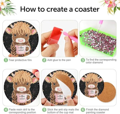mrpwnle Diamond Art Coasters Kits, 8 Pcs Cow Diamond Painting Coasters Kits - color: Coffee Cow