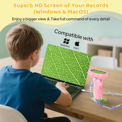 Kids Magnifying Glass, 2.0 Inch Digital Screen Mini Pocket Microscope for Bug - 200x Zoom Handheld Microscope with Adjustable Lights, Edu Birthday Gifts for Age 3-12 Girls - color: Pink