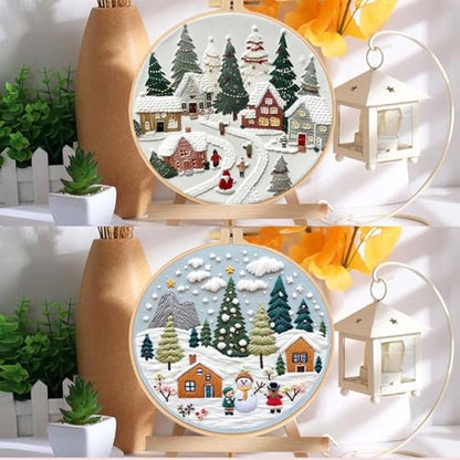Offizon Christmas Embroidery Kit for Beginners, 2 PCS Starter Cross Stitches, Winter Night Santa Handicrafts, Merry Chistmas - color: Christmas Snow