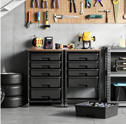 SYKIARIOL 5-Tier Rolling Cart with Drawers with Wooden Top, Black - color: Black