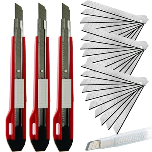 9mm Snap Off Utility Knife High Hardness Retractable Box Cutters with 30 Pcs Snap Off Blades,Pack 3 Art Craft Hobby Cutter 9mm Knife for Home Warehouse Office Workstation,Red - color: Red
