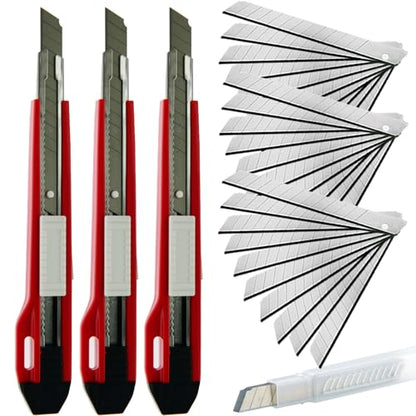 9mm Snap Off Utility Knife High Hardness Retractable Box Cutters with 30 Pcs Snap Off Blades,Pack 3 Art Craft Hobby Cutter 9mm Knife for Home Warehouse Office Workstation,Red - color: Red
