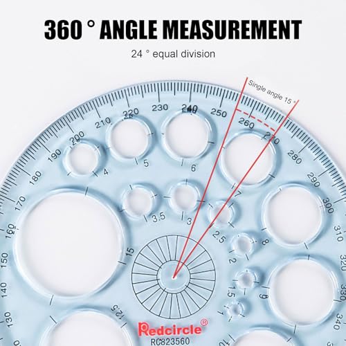 360 Degree Thick Protractor, 16 Circle Templates Drawing Ruler,Blue