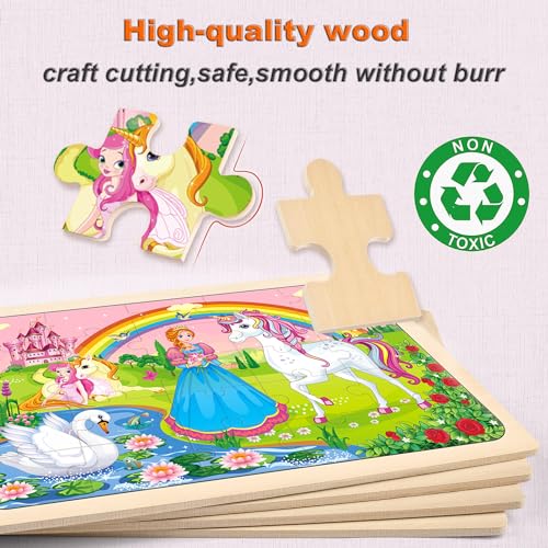 Wooden Jigsaw Puzzles for Kids Ages 4-6, 4-Pack 24-Piece Castle Puzzles Toy - color: Girls