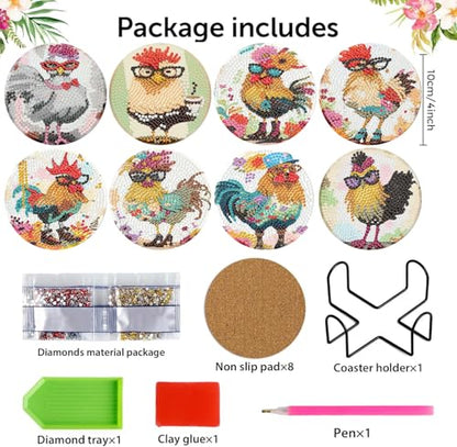 Diamond Art Coasters Kit, 8 Pieces Chicken Diamond Painting Coasters Kit - color: Chicken