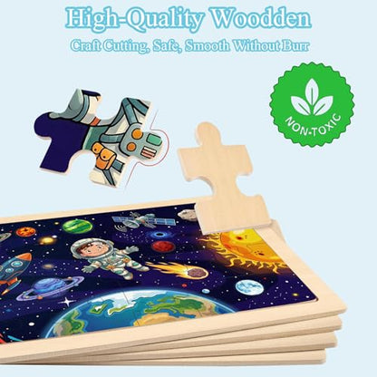 Wooden Puzzles Dinosaur Toys for Kids Ages 3-5 Year Old, 4 Packs 24 Piece - color: Space Mashup