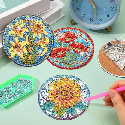 Meothan 8 Pcs Flowers Diamond Art Coasters Kit for Adults with Holder 4x4in - color: Flowers Coasters-D, size: 8 Pcs 4x4in