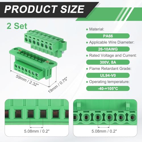 MECCANIXITY 2Set 7-Pin 5.08mm Pitch Pluggable Screw Terminal Block Connectors, PA66 300V 10A Through-Wall PCB Terminal with Panel Solderless Wiring Connectors 26-10AWG for Electronic - style: 7-Pin