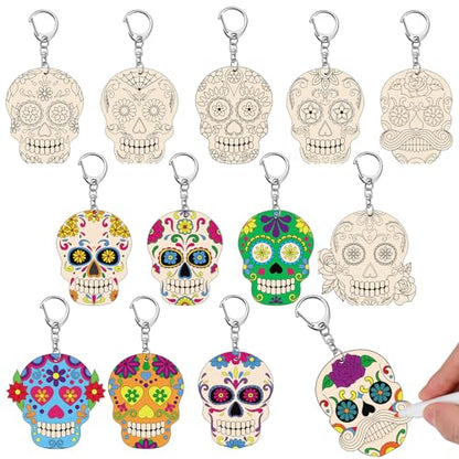 Trnayi 36 Pcs Day of The Dead Wood Keychain Color Your Own DIY Craft - style: Day of the Dead