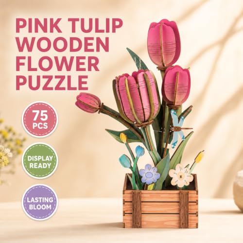 Evankin 3D Wooden Pink Tulip Puzzle Kit, DIY Bouquet Model - color: Pink Tulip