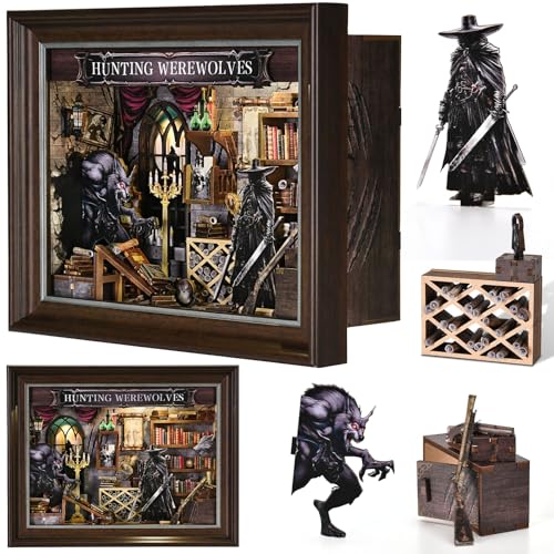 Book Nook Kit-3D Wooden Puzzle with LED Touch Control & Wall-Mountable Frame,DIY Miniature House for Beginners,Bookshelf/Tabletop/Wall Decor for Craft Lovers,Dollhouse Gift,Hunting Werewolves - color: Hunting Werewolves