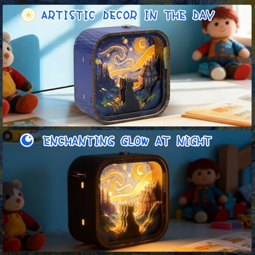 3D Wooden Puzzle Night Light DIY LED Art Lamp Kit for Adults Desk Decor Relaxing Craft Project Table Ornament and Unique Gift (Starry Cat) - style: Starry Cat