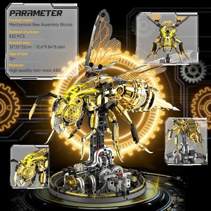 Mechanical Bee Building Blocks Kit for Adult, Technic Bee Buildings Set for Adults with LED Light & Display Stand, Robot Animal Building Toy with Moving Wings for Adults & Kids, 832Pcs