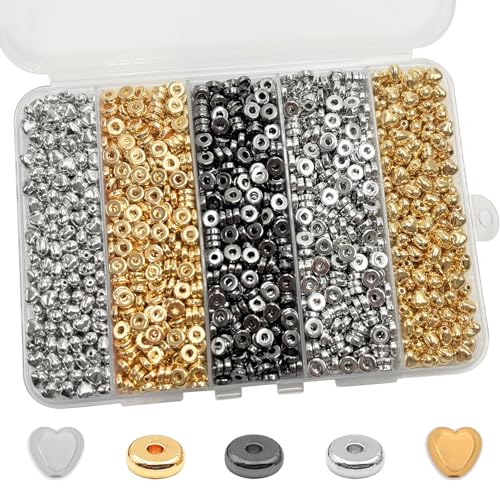 6mm Flat Round Spacer Beads, Clay Beads for Bracelets Making Kit, Heishi Polymer Flat Disc Spacer Beads for Jewelry Making, Clay Beads for Jewelry Making Gold Beads Silver (1600pcs(400Heart)) - color: 1600pcs(400Heart)