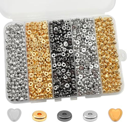 6mm Flat Round Spacer Beads, Clay Beads for Bracelets Making Kit, Heishi Polymer Flat Disc Spacer Beads for Jewelry Making, Clay Beads for Jewelry Making Gold Beads Silver (1600pcs(400Heart)) - color: 1600pcs(400Heart)