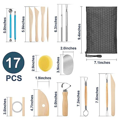 KACOLA Pottery Tool Kit, 17pcs Polymer Clay Tools, Modeling Clay Sculpting Tools Kit, Ceramics Tools, Trimming, Embossing Pattern, Smooth Wooden Handles