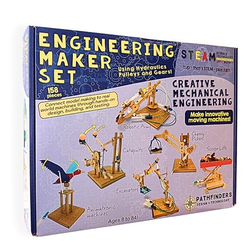 PATHFINDERS Engineering Maker Set — Real Wood STEM Building Kit | Hydraulics, Gears, Levers & Pulleys | 10 Challenges + 15 Challenge Cards | Ages 8+