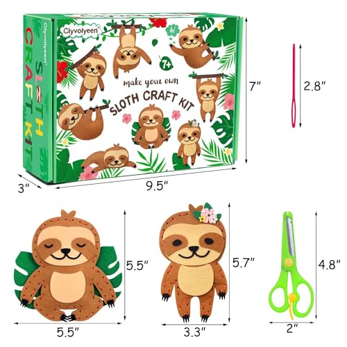 CiyvoLyeen Kids Sewing Kit Crafts – DIY Sloth & Jungle Animal Felt Crafts Sewing Set for Girls & Boys Ages 8–12 Learn to Sew 8 Cute Animal Projects - color: Sloth-8 Pcs