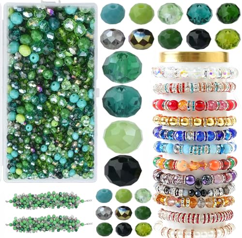 1000 Pcs Rondelle Faceted Glass Beads Crystal Glass Beads for Jewelry Making 4/6/8mm Faceted Briolette Rondelle Bead with Container for Earrings,Necklaces,DIY Beading Projects (Green) - color: green